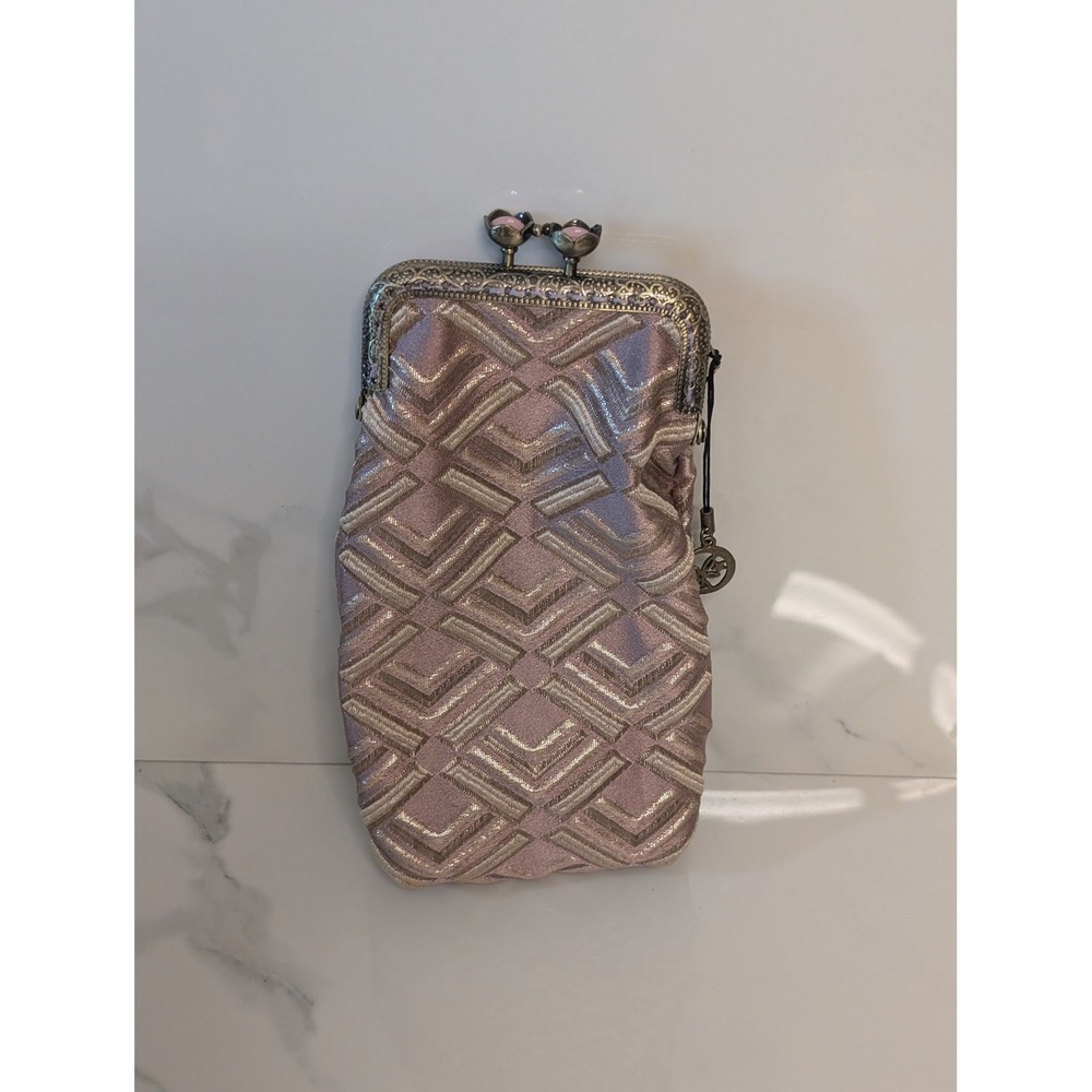 Mauve Geometric Brocade Kiss Lock Frame Pouch Eyewear Case with Moon Charm